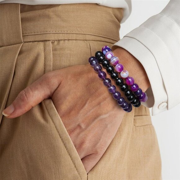 3PCS Purple Agate Crystal Natural Stone Beaded Stretch Bracelet for Women - Picture 5 of 6